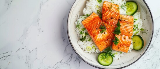 Aufkleber - Salmon and rice with cucumbers set against a white marble backdrop captured from above in a copy space image