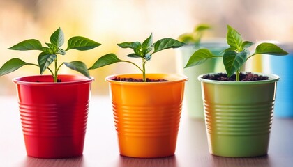 Canvas Print - pepper seedlings in the colorful cups