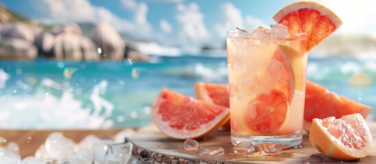 Poster - A refreshing grapefruit cocktail with ice presented on a weathered wooden board against a beach backdrop providing ample copy space for designs