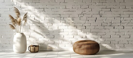 Poster - Table with vase and pouf beside white brick wall featuring copy space image