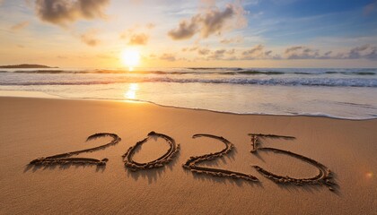 Canvas Print - handwritten 2025 on beautiful beach sand at sunrise