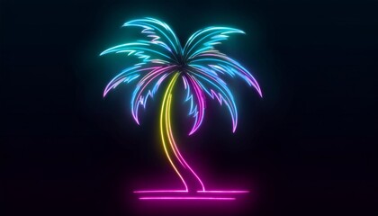 abstract colorful palm tree neon glowing illustration minimalistic neon glowing line design