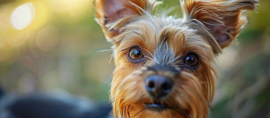 Wall Mural - An adorable mixed breed dog with a charming look in a natural setting featuring copy space image for additional content