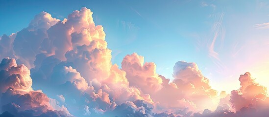 Aufkleber - A dramatic cloudscape featuring clear blue sky with glowing pink and golden cumulus clouds post storm at sunset creates a picturesque panoramic scenery ideal for concept art meteorology and peaceful