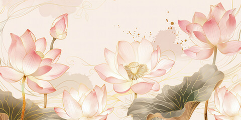 Wall Mural - Delicate pink lotus flowers with gold accents on a soft pastel background, creating a harmonious and elegant floral composition.	