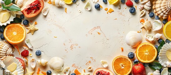 Fototapete - Top view of a vibrant summer themed arrangement featuring seashells fruits and accessories on a table background with copy space image