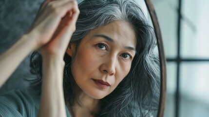 Poster - A thoughtful woman with gray hair gazes into a mirror, reflecting on her appearance and emotions.