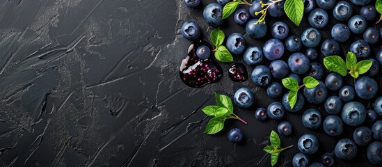 Aufkleber - A backdrop of black showcases blueberry jam and fresh berries with room for text or graphics. Creative banner. Copyspace image
