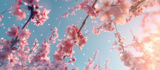 Wall Mural - Cherry blossom branches set against a blue sky create a dreamy and romantic spring landscape with a panoramic view providing a perfect copy space image