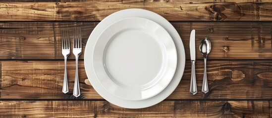 Poster - Top view of an empty white porcelain plate with cutlery on a wooden table with copy space image