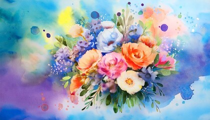 Wall Mural - abstract watercolor bouquet on a blue background and multicolored spots