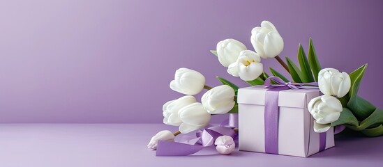 Canvas Print - White tulips displayed with a gift box on a lilac background with available copy space image