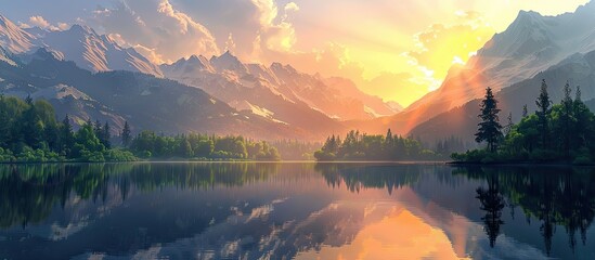 Poster - Beautiful sunset over forested mountains reflected in water creating a stunning evening landscape perfect for a wallpaper with a copy space image