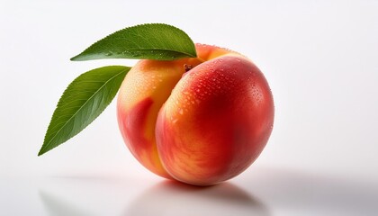 Poster - ripe peach with leaf on white background a single succulent peach with a fresh green leaf attached its surface dewy and inviting showcased on a white background