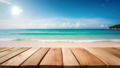 Wall Mural - empty wooden planks with blur beach and sea on background