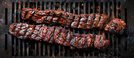 Canvas Print - Grilled skirt steak prepared at home presented from a top view on a dark background with ample copy space image