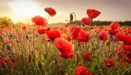 Poster - close up of red poppies growing in a field in summer belarus