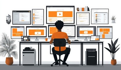 office worker sitting at their desk surrounded by multiple computer screens displaying various web design and development tools