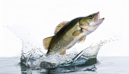 largemouth bass fish jumping out of water isolated on white background