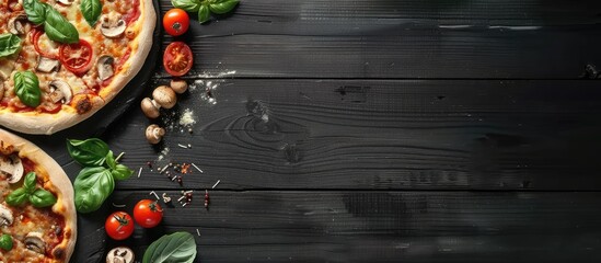 Delicious pizza with basil mushrooms and tomato on a black wooden table Flat lay composition with copy space image