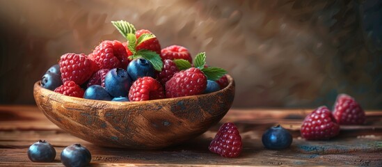 Aufkleber - A variety of vibrant berries including raspberries and blueberries arranged in a wooden saucer placed on a rustic brown table with copy space image