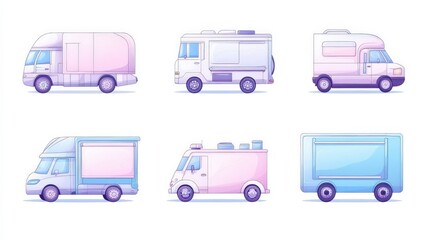 A set of six cartoon trucks, each with a different color