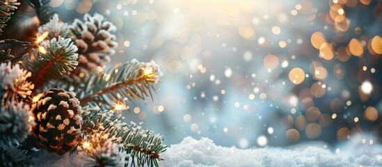 Poster - Festive holiday card with snowy winter backdrop blurred bokeh seasonal greetings and room for a copy space image