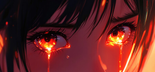 Wall Mural - Close-up of two anime girls' eyes, glowing with dark energy and tears flowing down their cheeks in an emotional scene