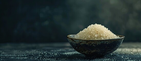 Poster - On a dark backdrop lies cane sugar in a bowl with a blurred background perfect for adding text or other elements in the unused space within the image. Creative banner. Copyspace image