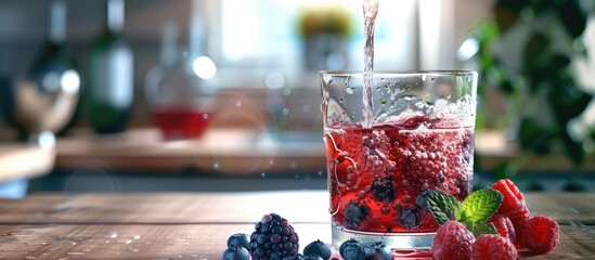 Poster - Place a glass filled with berry juice and water on a white oak table with available copy space image