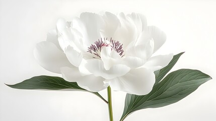 Wall Mural - Exquisite White Peony Flower in Full Bloom with Delicate Petals and Vibrant Green Leaves