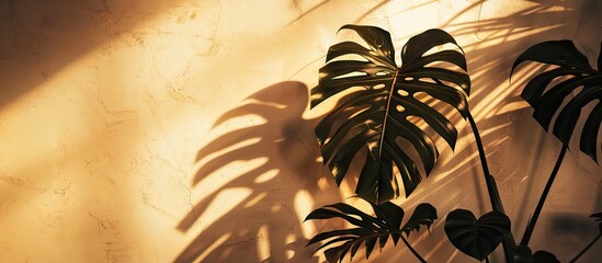Poster - High quality photo of tropical leaves silhouette in sunlight against a beige wall featuring copy space image
