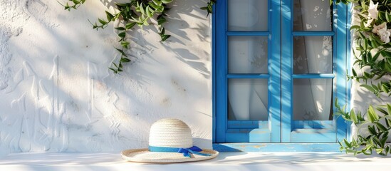 Poster - White table displaying a summer hat with a Greek home interior background offering ample copy space image