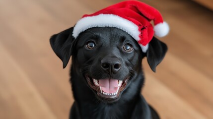 Wall Mural - A black dog wearing a red Santa hat is smiling and looking at the camera. The dog appears to be happy and festive, as if it is celebrating the holiday season