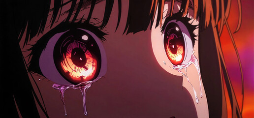 Wall Mural - Close-up of two anime girls' eyes, glowing with dark energy and tears flowing down their cheeks in an emotional scene