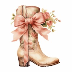 A vintage floral-patterned boot adorned with a large pink ribbon bow and flowers ideal for spring-themed decor, greeting cards, or fashion marketing materials,