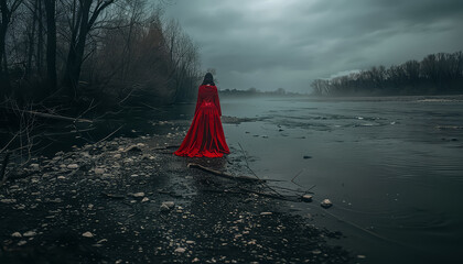 A woman in a red dress stands on a rocky shoreline, looking out at the water