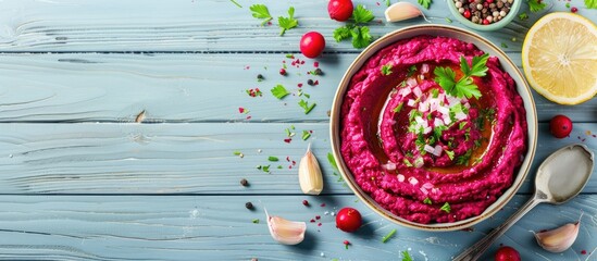 Poster - Flat lay of delicious beet hummus in a bowl with fresh ingredients set on a light blue wooden table providing ample space for text beside the copy space image