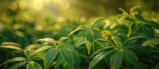 Wall Mural - Afternoon close up of cassava plant shoots in the garden with copy space image