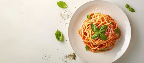 Poster - A packshot of spaghetti topped with basil on a white plate ideal for articles recipe books and design projects with copy space image