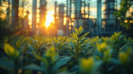 Wall Mural - A vibrant landscape showing young plants in the foreground and industrial structures in the background during sunset.