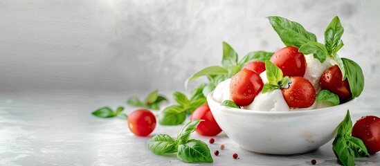 Poster - Close up photo of tasty burrata cheese tomatoes and basil on a bright table with copy space image available
