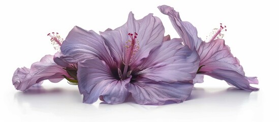 Poster - Purple Hibiscus syriacus flower on white backdrop with copy space image
