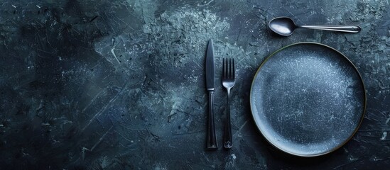 Wall Mural - Dark textured concrete background with an empty ceramic round plate set for dinner accompanied by cutlery in a copy space image