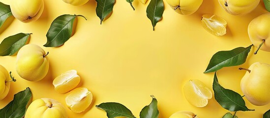 Poster - Yellow background with frame created using sweet ripe quinces and leaves ideal for a copy space image
