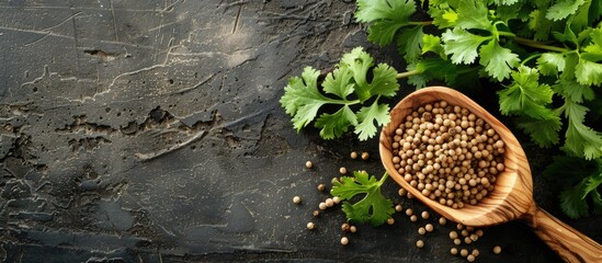 Aufkleber - Close up view of a wooden spoon with dried coriander seeds and green leaves providing space for text in the image. Creative banner. Copyspace image