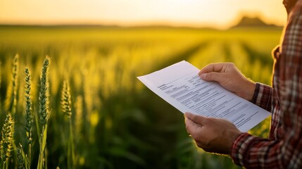 Hands holding a crop insurance document with agricultural fields in the background.