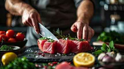 A chef is cutting up a piece of meat on a cutting board