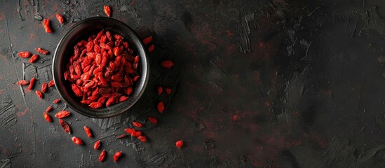 Canvas Print - Dark textured table with dried goji berries arranged for a flat lay composition featuring ample copy space image