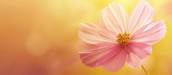 Poster - Fresh ecology concept with a close up soft Cosmos flower on a yellow background ideal for wallpaper and copy space image